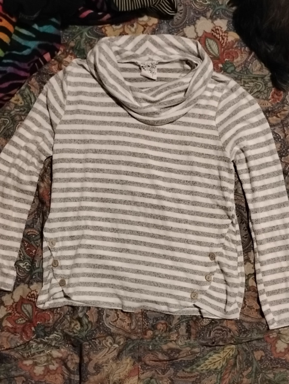 NAIF PETITE - Super Soft Gray & White Striped Cowl Neck Long Sleeve Top